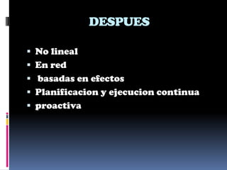 DESPUES

 No lineal
 En red
 basadas en efectos
 Planificacion y ejecucion continua
 proactiva
 