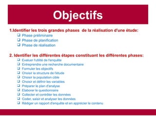 1.Identifier les trois grandes phases de la réalisation d'une étude:
 Phase préliminaire
 Phase de planification
 Phase de réalisation
2. Identifier les différentes étapes constituant les différentes phases:
 Evaluer l'utilité de l'enquête
 Entreprendre une recherche documentaire
 Formuler les objectifs
 Choisir la structure de l'étude
 Choisir la population cible
 Choisir et définir les variables
 Préparer le plan d'analyse
 Elaborer le questionnaire
 Collecter et contrôler les données
 Coder, saisir et analyser les données
 Rédiger un rapport d'enquête et en apprécier le contenu
Objectifs
 