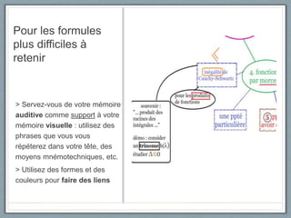 Pour les formules
plus difficiles à
retenir
> Servez-vous de votre mémoire
auditive comme support à votre
mémoire visuelle : utilisez des
phrases que vous vous
répéterez dans votre tête, des
moyens mnémotechniques, etc.
> Utilisez des formes et des
couleurs pour faire des liens
 