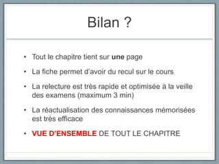 Bilan ?
• Tout le chapitre tient sur une page
• La fiche permet d’avoir du recul sur le cours
• La relecture est très rapide et optimisée à la veille
des examens (maximum 3 min)
• La réactualisation des connaissances mémorisées
est très efficace
• VUE D’ENSEMBLE DE TOUT LE CHAPITRE
 