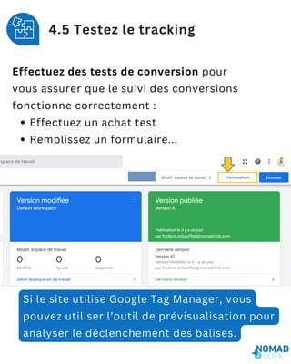 4.5 Testez le tracking
Effectuez des tests de conversion pour
vous assurer que le suivi des conversions
fonctionne correctement :
Effectuez un achat test
Remplissez un formulaire...
Si le site utilise Google Tag Manager, vous
pouvez utiliser l’outil de prévisualisation pour
analyser le déclenchement des balises.
 