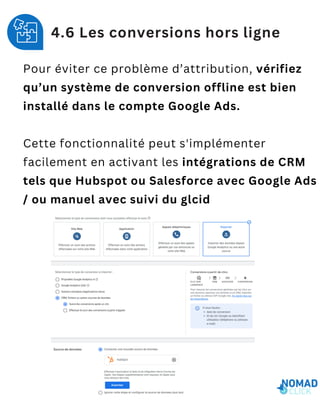 4.6 Les conversions hors ligne
Pour éviter ce problème d’attribution, vérifiez
qu’un système de conversion offline est bien
installé dans le compte Google Ads.
Cette fonctionnalité peut s'implémenter
facilement en activant les intégrations de CRM
tels que Hubspot ou Salesforce avec Google Ads
/ ou manuel avec suivi du glcid
 