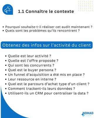 Pourquoi souhaite-t-il réaliser cet audit maintenant ?
Quels sont les problèmes qu’ils rencontrent ?
1.1 Connaître le contexte
Quelle est leur activité ?
Quelle est l’offre proposée ?
Qui sont les concurrents ?
Quel est le buyer persona ?
Un funnel d’acquisition a été mis en place ?
Leur ressource en interne ?
Quel est le parcours d’achat type d’un client ?
Comment trackent-ils leurs données ?
Utilisent-ils un CRM pour centraliser la data ?
Obtenez des infos sur l’activité du client
 