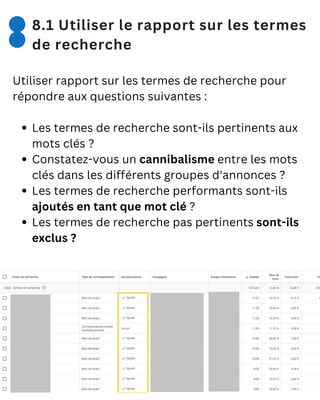 8.1 Utiliser le rapport sur les termes
de recherche
Utiliser rapport sur les termes de recherche pour
répondre aux questions suivantes :
Les termes de recherche sont-ils pertinents aux
mots clés ?
Constatez-vous un cannibalisme entre les mots
clés dans les différents groupes d'annonces ?
Les termes de recherche performants sont-ils
ajoutés en tant que mot clé ?
Les termes de recherche pas pertinents sont-ils
exclus ?
 