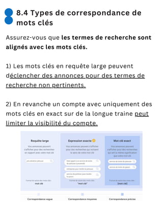 Assurez-vous que les termes de recherche sont
alignés avec les mots clés.
1) Les mots clés en requête large peuvent
déclencher des annonces pour des termes de
recherche non pertinents.
2) En revanche un compte avec uniquement des
mots clés en exact sur de la longue traine peut
limiter la visibilité du compte.
8.4 Types de correspondance de
mots clés
 