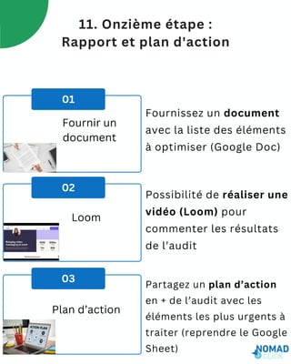 01
02
03
11. Onzième étape :
Rapport et plan d'action
Plan d’action
Loom
Fournir un
document
Fournissez un document
avec la liste des éléments
à optimiser (Google Doc)
Possibilité de réaliser une
vidéo (Loom) pour
commenter les résultats
de l’audit
Partagez un plan d’action
en + de l’audit avec les
éléments les plus urgents à
traiter (reprendre le Google
Sheet)
 