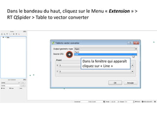 Dans le bandeau du haut, cliquez sur le Menu « Extension » >
RT QSpider > Table to vector converter
Dans la fenêtre qui apparaît
cliquez sur « Line »
 