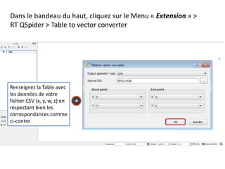Dans le bandeau du haut, cliquez sur le Menu « Extension » >
RT QSpider > Table to vector converter
Renseignez la Table avec
les données de votre
fichier CSV (x, y, w, z) en
respectant bien les
correspondances comme
ci-contre
 