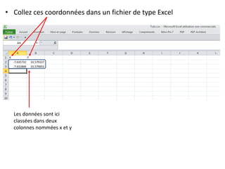 • Collez ces coordonnées dans un fichier de type Excel
Les données sont ici
classées dans deux
colonnes nommées x et y
 