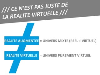 REALITE AUGMENTEE = UNIVERS MIXTE (REEL + VIRTUEL)


 REALITE VIRTUELLE = UNIVERS PUREMENT VIRTUEL
 