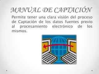 MANUAL DE CAPTACIÓN
Permite tener una clara visión del proceso
de Captación de los datos fuentes previo
al procesamiento electrónico de los
mismos.
 