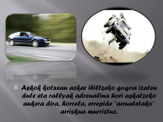 Askok kotxean azkar ibiltzeko gogoa izaten dute eta rallyak adrenalina hori askatzeko aukera dira, horrela, errepide arruntetako arriskua murriztuz. 