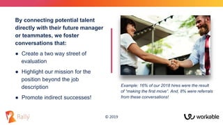 © 2019
By connecting potential talent
directly with their future manager
or teammates, we foster
conversations that:
● Create a two way street of
evaluation
● Highlight our mission for the
position beyond the job
description
● Promote indirect successes!
Example: 16% of our 2018 hires were the result
of “making the first move”. And, 8% were referrals
from these conversations!
 