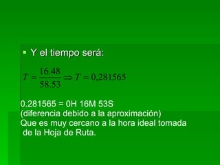 Y el tiempo será: 0.281565 = 0H 16M 53S  (diferencia debido a la aproximación) Que es muy cercano a la hora ideal tomada de la Hoja de Ruta. 