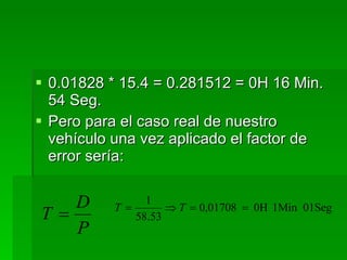 0.01828 * 15.4 = 0.281512 = 0H 16 Min. 54 Seg.  Pero para el caso real de nuestro vehículo una vez aplicado el factor de error sería: 