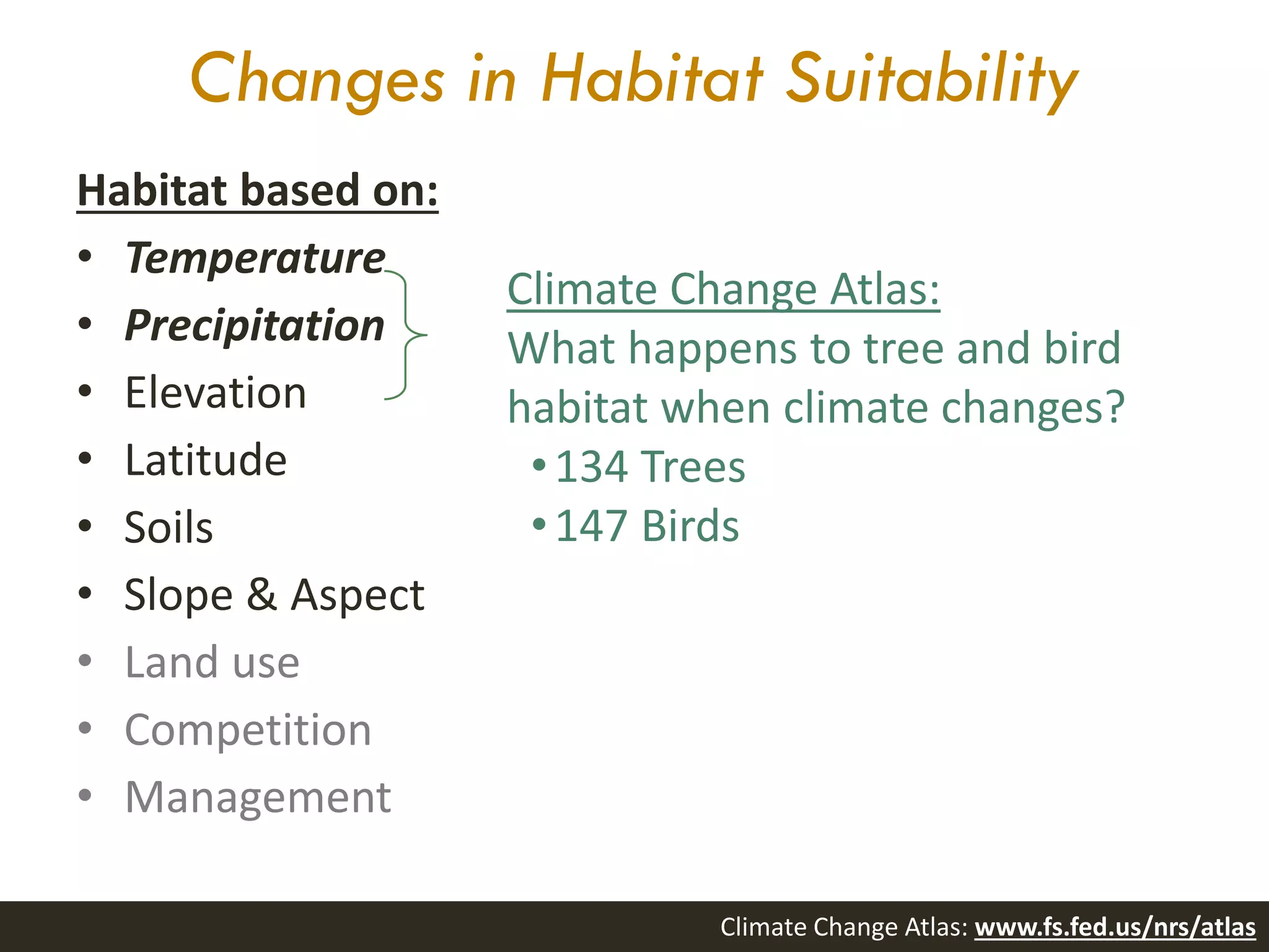 Changes in Habitat Suitability
Habitat based on:
• Temperature
• Precipitation
• Elevation
• Latitude
• Soils
• Slope & Aspect
• Land use
• Competition
• Management
Climate Change Atlas:
What happens to tree and bird
habitat when climate changes?
•134 Trees
•147 Birds
Climate Change Atlas: www.fs.fed.us/nrs/atlas
 