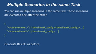 Multiple Scenarios in the same Task
You can run multiple scenarios in the same task. These scenarios
are executed one after the other.
{
"<ScenarioName1>": [<benchmark_config>,<benchmark_config2>, ...]
"<ScenarioName2>": [<benchmark_config>, ...]
}
Generate Results as before
 