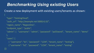 Benchmarking Using existing Users
Create a new deployment with existing users/tenants as shown:
{
"type": "ExistingCloud",
"auth_url": "http://example.net:5000/v2.0/",
"region_name": "RegionOne",
"endpoint_type": "public",
"admin": { "username": "admin", "password": "pa55word", "tenant_name": "demo"
},
"users": [
{ "username": "b1", "password": "1234", "tenant_name": "testing"},
{ "username": "b2", "password": "1234", "tenant_name": "testing"
}]}
 