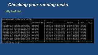 Checking your running tasks
rally task list
 