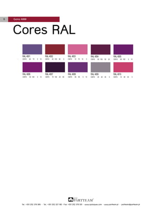 6

Gama 4000

Cores RAL

Tel.: +351 252 378 589 • Tel.: +351 252 327 185 • Fax: +351 252 378 591 • www.quiosques.com • www.partteam.pt • partteam@partteam.pt

 
