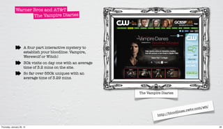 Warner Bros and AT&T
                     The Vampire Diaries




                      A four part interactive mystery to
                      establish your bloodline: Vampire,
                      Werewolf or Witch!
                      30k visits on day one with an average
                      time of 3.2 mins on the site.
                      So far over 550k uniques with an
                      average time of 3.29 mins.


                                                              The Vampire Diaries



                                                                                                       tt/
                                                                                              tv.com/a
                                                                                    l ines.cw
                                                                        http://blood


Thursday, January 26, 12                                                                                     26
 