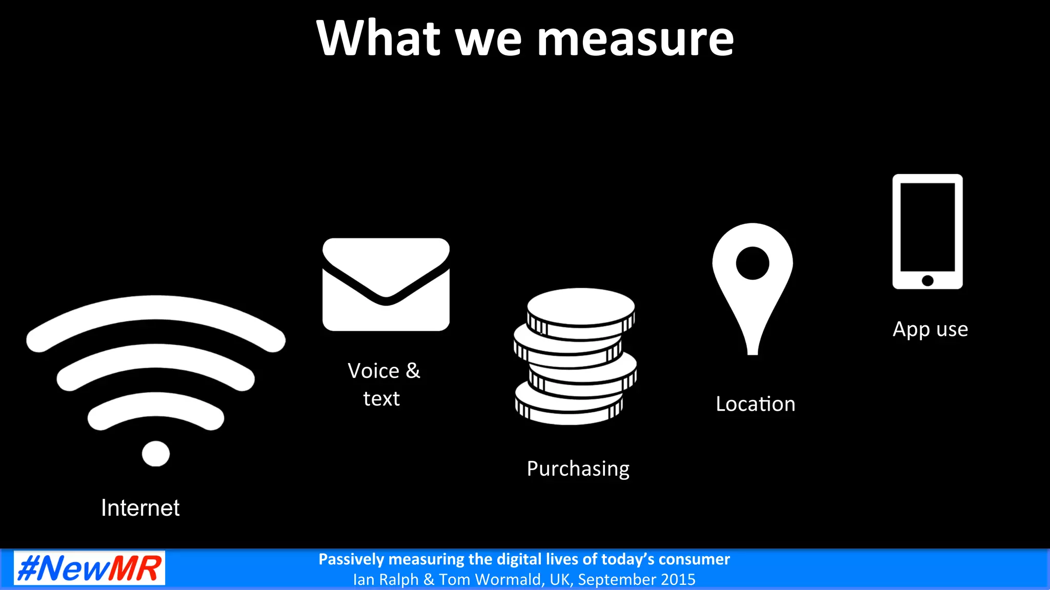 Passively	
  measuring	
  the	
  digital	
  lives	
  of	
  today’s	
  consumer	
  
Ian	
  Ralph	
  &	
  Tom	
  Wormald,	
  UK,	
  September	
  2015	
  
What	
  we	
  measure	
  
Internet
	
  Voice	
  &	
  
text
	
  Purchasing
	
  LocaJon
	
  App	
  use
 