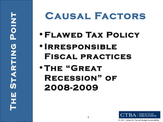 Causal Factors Flawed Tax Policy Irresponsible Fiscal practices The “Great Recession” of 2008-2009  PROPERTY TAX RELIANCE The Starting Point 
