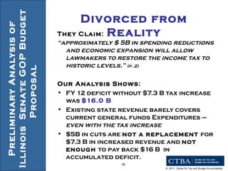 Preliminary Analysis of Illinois  Senate GOP Budget Proposal  They Claim :  “ approximately $ 5B in spending reductions and economic expansion will allow lawmakers to restore the income tax to historic levels.”  (p. 2)  Our Analysis Shows : FY 12 deficit without $7.3 B tax increase was  $16.0 B  Existing state revenue barely covers current general funds Expenditures –  even   with the tax increase $5B in cuts are  not a replacement  for $7.3 B in increased revenue and  not enough  to pay back $16 B  in accumulated deficit.  Divorced from Reality 