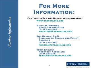 For More Information: Center for Tax and Budget Accountability www.ctbaonline.org Ralph M. Martire Executive Director (312) 332-1049 [email_address] Ron Baiman, Ph.D. Director of Budget and Policy Analysis (312) 332-1480 [email_address] Yerik Kaslow Research Associate (312) 332-2151 [email_address] Further Information 