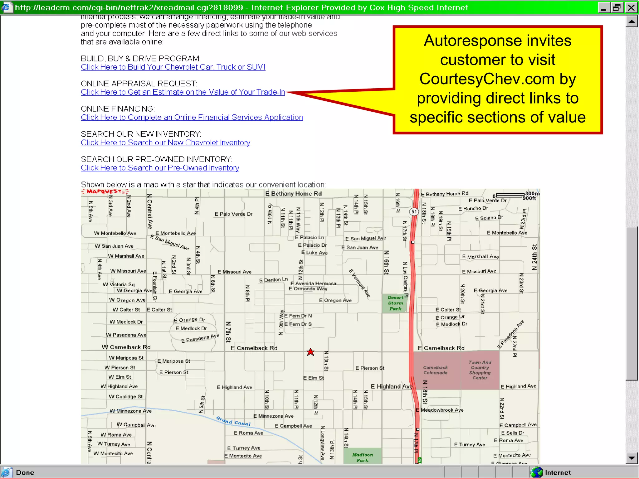 Autoresponse invites customer to visit CourtesyChev.com by providing direct links to specific sections of value 