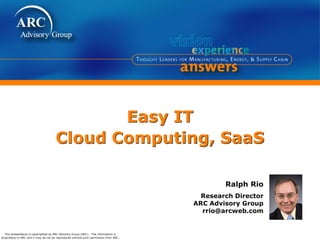 This presentation is copyrighted by ARC Advisory Group (ARC). The information is
proprietary to ARC and it may be not be reproduced without prior permission from ARC.
Easy IT
Cloud Computing, SaaS
Ralph Rio
Research Director
ARC Advisory Group
rrio@arcweb.com
 