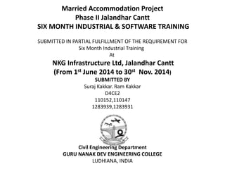 Married Accommodation Project
Phase II Jalandhar Cantt
SIX MONTH INDUSTRIAL & SOFTWARE TRAINING
SUBMITTED IN PARTIAL FULFILLMENT OF THE REQUIREMENT FOR
Six Month Industrial Training
At
NKG Infrastructure Ltd, Jalandhar Cantt
(From 1st June 2014 to 30st Nov. 2014)
SUBMITTED BY
Suraj Kakkar. Ram Kakkar
D4CE2
110152,110147
1283939,1283931
Civil Engineering Department
GURU NANAK DEV ENGINEERING COLLEGE
LUDHIANA, INDIA
 