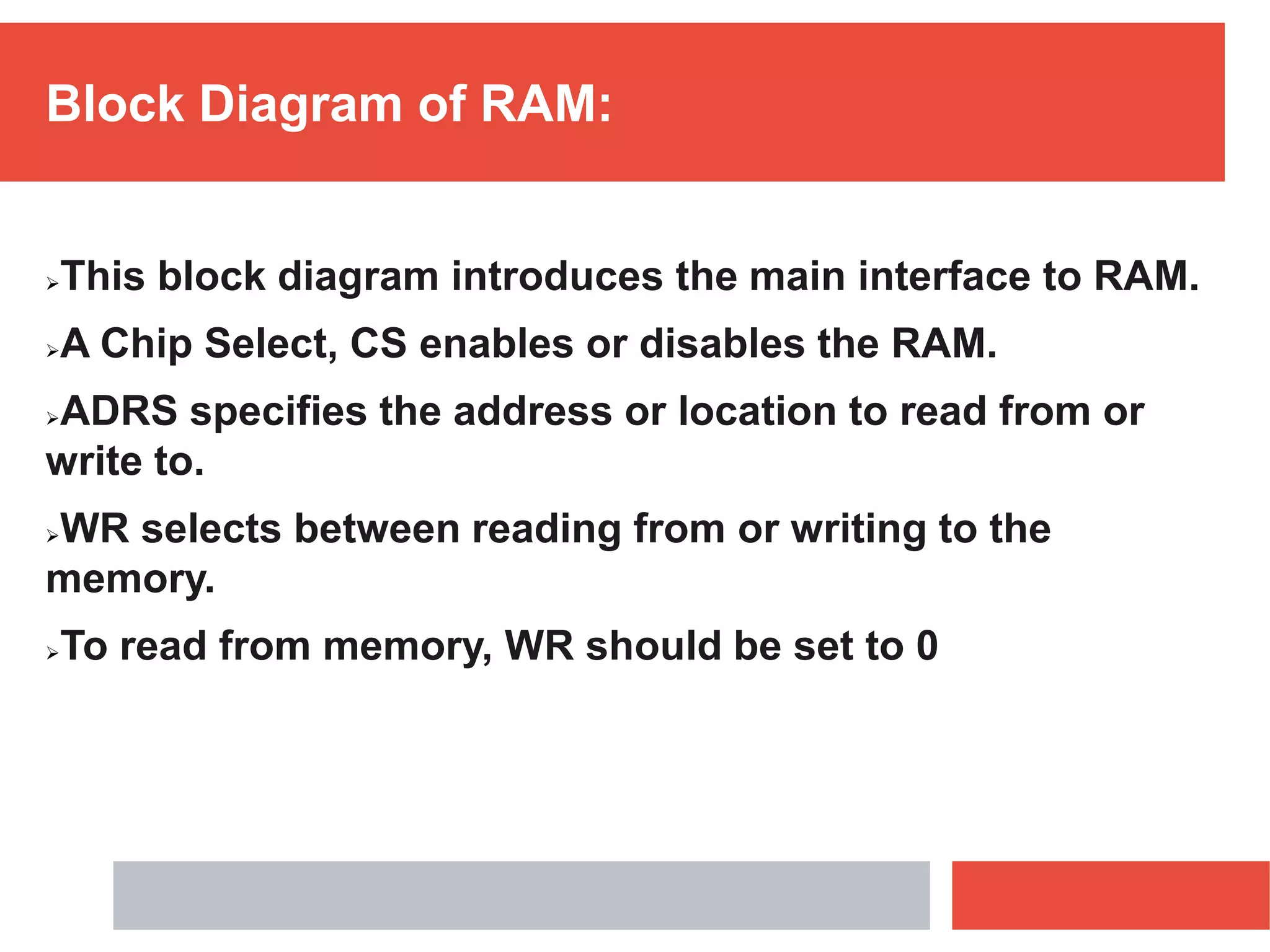 Block Diagram of RAM:
This block diagram introduces the main interface to RAM.
A Chip Select, CS enables or disables the RAM.
ADRS specifies the address or location to read from or
write to.
WR selects between reading from or writing to the
memory.
To read from memory, WR should be set to 0
 