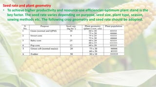 Seed rate and plant geometry
• To achieve higher productivity and resource-use efficiencies optimum plant stand is the
key factor. The seed rate varies depending on purpose, seed size, plant type, season,
sowing methods etc. The following crop geometry and seed rate should be adopted.
 