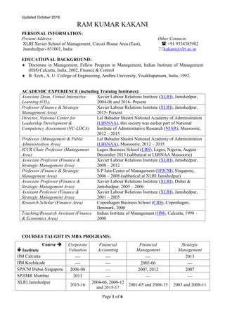 Updated October 2016
Page 1 of 6
RAM KUMAR KAKANI
PERSONAL INFORMATION:
Present Address: Other Contacts:
XLRI Xavier School of Management, Circuit House Area (East),  +91 9334385982
Jamshedpur- 831001, India kakani@xlri.ac.in
EDUCATIONAL BACKGROUND:
 Doctorate in Management, Fellow Program in Management, Indian Institute of Management
(IIM) Calcutta, India, 2002, Finance & Control
 B. Tech., A. U. College of Engineering, Andhra University, Visakhapatnam, India, 1992.
ACADEMIC EXPERIENCE (including Training Institutes):
Associate Dean, Virtual Interactive
Learning (VIL),
Xavier Labour Relations Institute (XLRI), Jamshedpur,
2004-06 and 2016- Present
Professor (Finance & Strategic
Management Area)
Xavier Labour Relations Institute (XLRI), Jamshedpur,
2015- Present
Director, National Center for
Leadership Development &
Competency Assessment (NC-LDCA)
Lal Bahadur Shastri National Academy of Administration
(LBSNAA), this society was earlier part of National
Institute of Administrative Research (NIAR), Mussoorie,
2012 – 2015
Professor (Management & Public
Administration Area)
Lal Bahadur Shastri National Academy of Administration
(LBSNAA), Mussoorie, 2012 – 2015
ICCR Chair Professor (Management
Area)
Lagos Business School (LBS), Lagos, Nigeria, August –
December 2013 (sabbatical at LBSNAA Mussoorie)
Associate Professor (Finance &
Strategic Management Area)
Xavier Labour Relations Institute (XLRI), Jamshedpur,
2008 – 2012
Professor (Finance & Strategic
Management Area)
S P Jain Center of Management (SPJCM), Singapore,
2006 – 2008 (sabbatical at XLRI Jamshedpur)
Associate Professor (Finance &
Strategic Management Area)
Xavier Labour Relations Institute (XLRI), Dubai &
Jamshedpur, 2005 – 2006
Assistant Professor (Finance &
Strategic Management Area)
Xavier Labour Relations Institute (XLRI), Jamshedpur,
2001 – 2005
Research Scholar (Finance Area) Copenhagen Business School (CBS), Copenhagen,
Denmark, 2000
Teaching/Research Assistant (Finance
& Economics Area)
Indian Institute of Management (IIM), Calcutta, 1998 –
2000
COURSES TAUGHT IN MBA PROGRAMS:
Course 
 Institute
Corporate
Valuation
Financial
Accounting
Financial
Management
Strategic
Management
IIM Calcutta    2013
IIM Kozhikode   2005-06 
SPJCM Dubai-Singapore 2006-08  2007, 2012 2007
SPJIMR Mumbai 2013   
XLRI Jamshedpur
2015-16
2004-06, 2008-12
and 2015-17
2001-05 and 2008-13 2003 and 2008-11
 