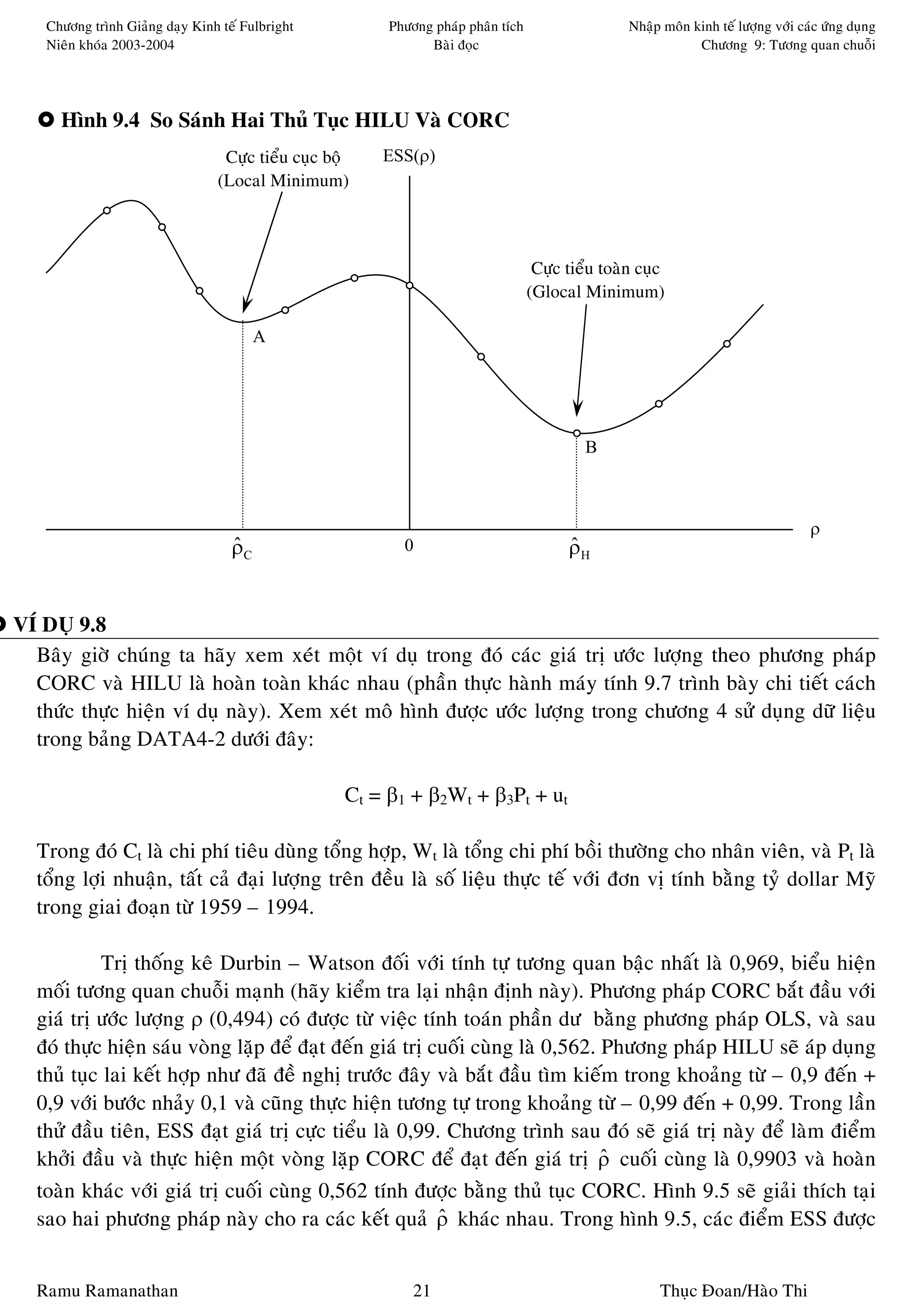 Chöông trình Giaûng daïy Kinh teá Fulbright          Phöông phaùp phaân tích                   Nhaäp moân kinh teá löôïng vôùi caùc öùng duïng
    Nieân khoùa 2003-2004                                      Baøi ñoïc                                       Chöông 9: Töông quan chuoãi




      Hình 9.4 So Saùnh Hai Thuû Tuïc HILU Vaø CORC
                                  Cöïc tieåu cuïc boä   ESS(ρ)
                                 (Local Minimum)



                                                                                    Cöïc tieåu toaøn cuïc
                                                                                   (Glocal Minimum)

                                         A




                                                                                            B



                                                                                                                                     ρ
                                    ρC
                                    ˆ                      0                             ρH
                                                                                         ˆ


VÍ DUÏ 9.8
  Baây giôø chuùng ta haõy xem xeùt moät ví duï trong ñoù caùc giaù trò öôùc löôïng theo phöông phaùp
  CORC vaø HILU laø hoaøn toaøn khaùc nhau (phaàn thöïc haønh maùy tính 9.7 trình baøy chi tieát caùch
  thöùc thöïc hieän ví duï naøy). Xem xeùt moâ hình ñöôïc öôùc löôïng trong chöông 4 söû duïng döõ lieäu
  trong baûng DATA4-2 döôùi ñaây:

                                                    Ct = β1 + β2Wt + β3Pt + ut

  Trong ñoù Ct laø chi phí tieâu duøng toång hôïp, Wt laø toång chi phí boài thöôøng cho nhaân vieân, vaø Pt laø
  toång lôïi nhuaän, taát caû ñaïi löôïng treân ñeàu laø soá lieäu thöïc teá vôùi ñôn vò tính baèng tyû dollar Myõ
  trong giai ñoaïn töø 1959 – 1994.

           Trò thoáng keâ Durbin – Watson ñoái vôùi tính töï töông quan baäc nhaát laø 0,969, bieåu hieän
  moái töông quan chuoãi maïnh (haõy kieåm tra laïi nhaän ñònh naøy). Phöông phaùp CORC baét ñaàu vôùi
  giaù trò öôùc löôïng ρ (0,494) coù ñöôïc töø vieäc tính toaùn phaàn dö baèng phöông phaùp OLS, vaø sau
  ñoù thöïc hieän saùu voøng laëp ñeå ñaït ñeán giaù trò cuoái cuøng laø 0,562. Phöông phaùp HILU seõ aùp duïng
  thuû tuïc lai keát hôïp nhö ñaõ ñeà nghò tröôùc ñaây vaø baét ñaàu tìm kieám trong khoaûng töø – 0,9 ñeán +
  0,9 vôùi böôùc nhaûy 0,1 vaø cuõng thöïc hieän töông töï trong khoaûng töø – 0,99 ñeán + 0,99. Trong laàn
  thöû ñaàu tieân, ESS ñaït giaù trò cöïc tieåu laø 0,99. Chöông trình sau ñoù seõ giaù trò naøy ñeå laøm ñieåm
  khôûi ñaàu vaø thöïc hieän moät voøng laëp CORC ñeå ñaït ñeán giaù trò ρ cuoái cuøng laø 0,9903 vaø hoaøn
                                                                                ˆ
  toaøn khaùc vôùi giaù trò cuoái cuøng 0,562 tính ñöôïc baèng thuû tuïc CORC. Hình 9.5 seõ giaûi thích taïi
  sao hai phöông phaùp naøy cho ra caùc keát quaû ρ khaùc nhau. Trong hình 9.5, caùc ñieåm ESS ñöôïc
                                                          ˆ


  Ramu Ramanathan                                            21                                         Thuïc Ñoan/Haøo Thi
 