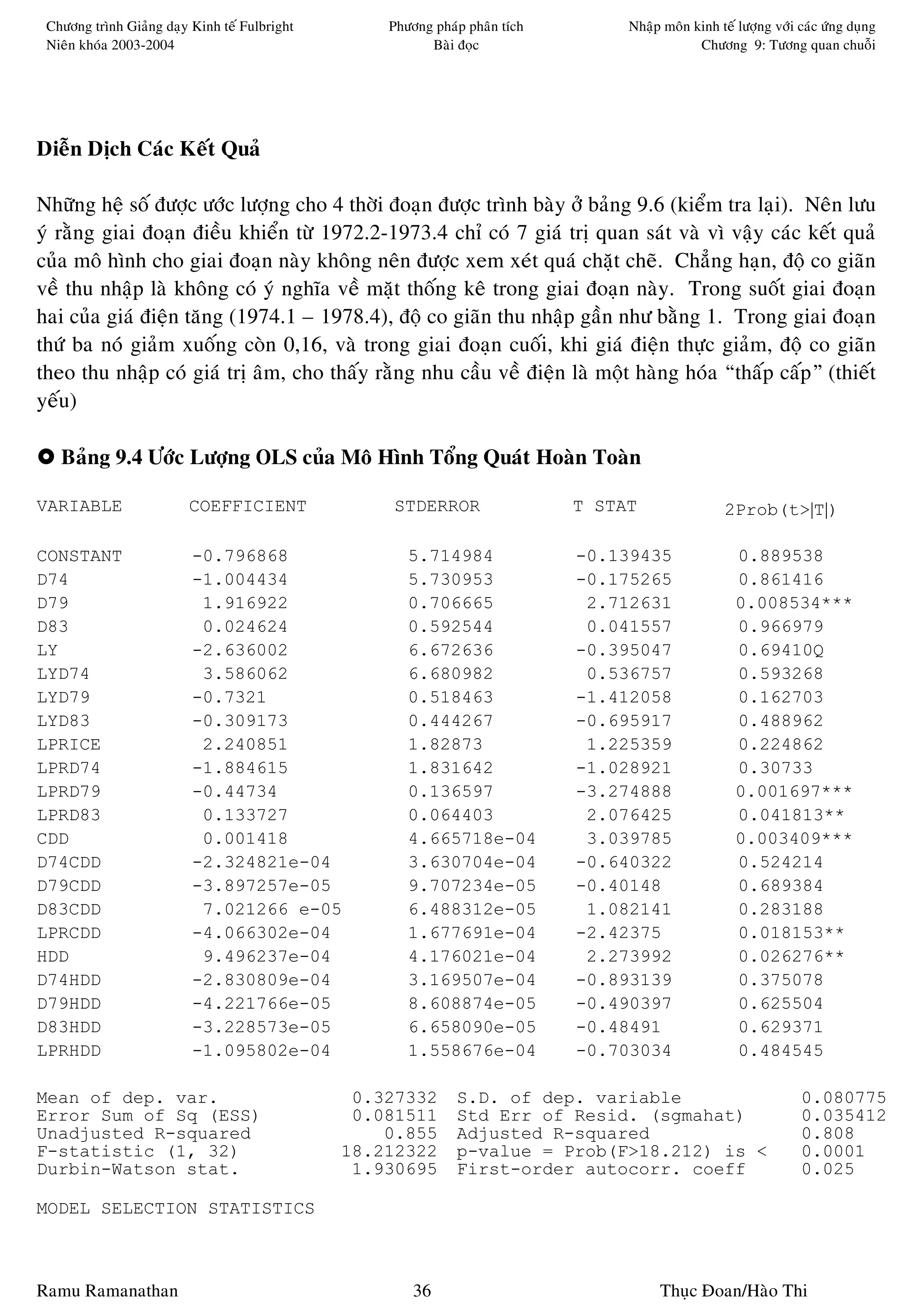Chöông trình Giaûng daïy Kinh teá Fulbright       Phöông phaùp phaân tích        Nhaäp moân kinh teá löôïng vôùi caùc öùng duïng
 Nieân khoùa 2003-2004                                   Baøi ñoïc                            Chöông 9: Töông quan chuoãi




Dieãn Dòch Caùc Keát Quaû

Nhöõng heä soá ñöôïc öôùc löôïng cho 4 thôøi ñoaïn ñöôïc trình baøy ôû baûng 9.6 (kieåm tra laïi). Neân löu
yù raèng giai ñoaïn ñieàu khieån töø 1972.2-1973.4 chæ coù 7 giaù trò quan saùt vaø vì vaäy caùc keát quaû
cuûa moâ hình cho giai ñoaïn naøy khoâng neân ñöôïc xem xeùt quaù chaët cheõ. Chaúng haïn, ñoä co giaõn
veà thu nhaäp laø khoâng coù yù nghóa veà maët thoáng keâ trong giai ñoaïn naøy. Trong suoát giai ñoaïn
hai cuûa giaù ñieän taêng (1974.1 – 1978.4), ñoä co giaõn thu nhaäp gaàn nhö baèng 1. Trong giai ñoaïn
thöù ba noù giaûm xuoáng coøn 0,16, vaø trong giai ñoaïn cuoái, khi giaù ñieän thöïc giaûm, ñoä co giaõn
theo thu nhaäp coù giaù trò aâm, cho thaáy raèng nhu caàu veà ñieän laø moät haøng hoùa “thaáp caáp” (thieát
yeáu)

   Baûng 9.4 Öôùc Löôïng OLS cuûa Moâ Hình Toång Quaùt Hoaøn Toaøn

VARIABLE                 COEFFICIENT               STDERROR                  T STAT                 2Prob(t>|T|)

CONSTANT                  -0.796868                   5.714984               -0.139435                0.889538
D74                       -1.004434                   5.730953               -0.175265                0.861416
D79                        1.916922                   0.706665                2.712631                0.008534***
D83                        0.024624                   0.592544                0.041557                0.966979
LY                        -2.636002                   6.672636               -0.395047                0.69410Q
LYD74                      3.586062                   6.680982                0.536757                0.593268
LYD79                     -0.7321                     0.518463               -1.412058                0.162703
LYD83                     -0.309173                   0.444267               -0.695917                0.488962
LPRICE                     2.240851                   1.82873                 1.225359                0.224862
LPRD74                    -1.884615                   1.831642               -1.028921                0.30733
LPRD79                    -0.44734                    0.136597               -3.274888                0.001697***
LPRD83                     0.133727                   0.064403                2.076425                0.041813**
CDD                        0.001418                   4.665718e-04            3.039785                0.003409***
D74CDD                    -2.324821e-04               3.630704e-04           -0.640322                0.524214
D79CDD                    -3.897257e-05               9.707234e-05           -0.40148                 0.689384
D83CDD                     7.021266 e-05              6.488312e-05            1.082141                0.283188
LPRCDD                    -4.066302e-04               1.677691e-04           -2.42375                 0.018153**
HDD                        9.496237e-04               4.176021e-04            2.273992                0.026276**
D74HDD                    -2.830809e-04               3.169507e-04           -0.893139                0.375078
D79HDD                    -4.221766e-05               8.608874e-05           -0.490397                0.625504
D83HDD                    -3.228573e-05               6.658090e-05           -0.48491                 0.629371
LPRHDD                    -1.095802e-04               1.558676e-04           -0.703034                0.484545

Mean of dep. var.                               0.327332      S.D. of dep. variable                               0.080775
Error Sum of Sq (ESS)                           0.081511      Std Err of Resid. (sgmahat)                         0.035412
Unadjusted R-squared                               0.855      Adjusted R-squared                                  0.808
F-statistic (1, 32)                            18.212322      p-value = Prob(F>18.212) is <                       0.0001
Durbin-Watson stat.                             1.930695      First-order autocorr. coeff                         0.025

MODEL SELECTION STATISTICS



Ramu Ramanathan                                        36                              Thuïc Ñoan/Haøo Thi
 