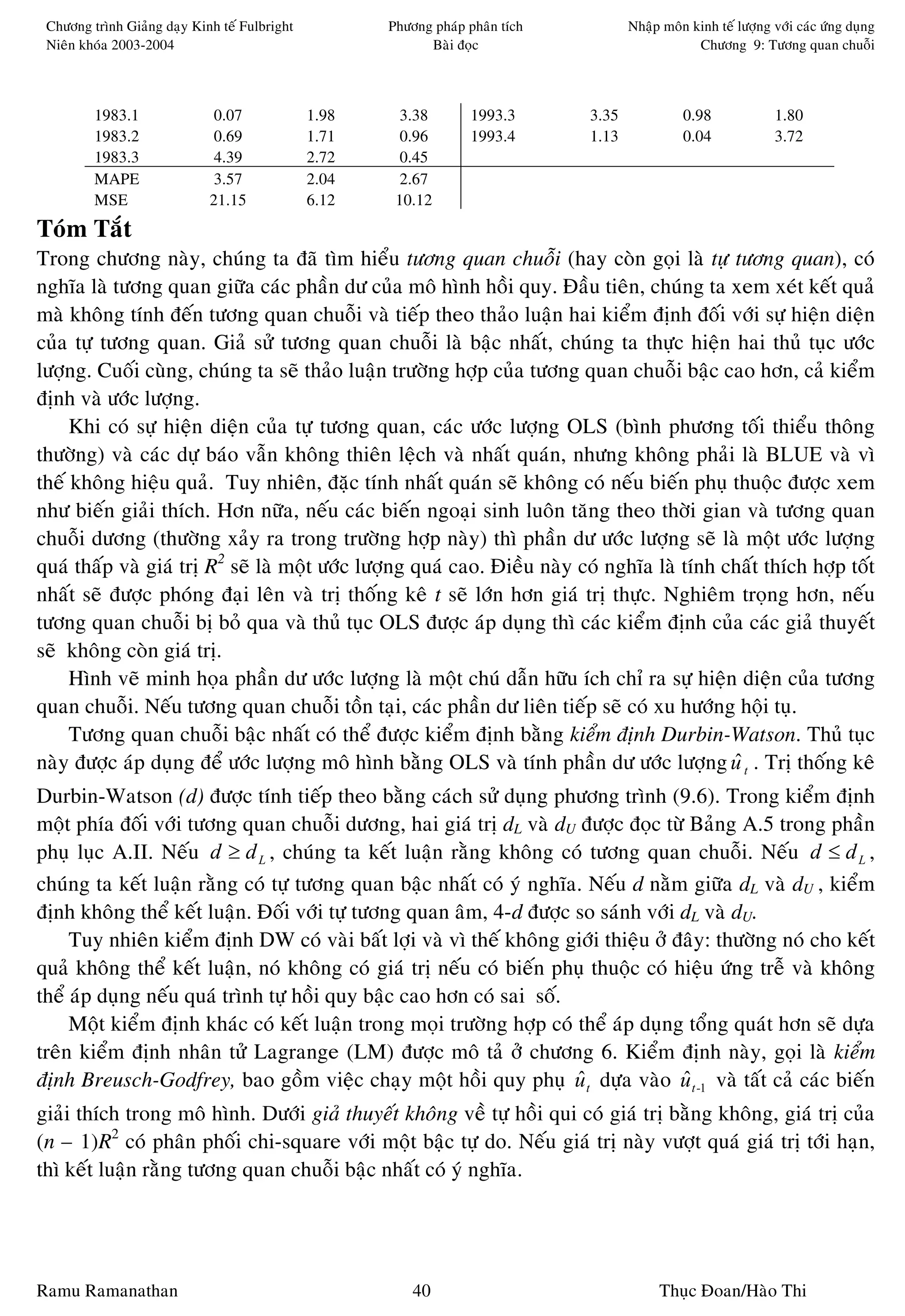 Chöông trình Giaûng daïy Kinh teá Fulbright          Phöông phaùp phaân tích          Nhaäp moân kinh teá löôïng vôùi caùc öùng duïng
 Nieân khoùa 2003-2004                                      Baøi ñoïc                              Chöông 9: Töông quan chuoãi



         1983.1               0.07             1.98     3.38        1993.3      3.35             0.98             1.80
         1983.2               0.69             1.71     0.96        1993.4      1.13             0.04             3.72
         1983.3               4.39             2.72     0.45
         MAPE                 3.57             2.04     2.67
         MSE                 21.15             6.12    10.12
Toùm Taét
Trong chöông naøy, chuùng ta ñaõ tìm hieåu töông quan chuoãi (hay coøn goïi laø töï töông quan), coù
nghóa laø töông quan giöõa caùc phaàn dö cuûa moâ hình hoài quy. Ñaàu tieân, chuùng ta xem xeùt keát quaû
maø khoâng tính ñeán töông quan chuoãi vaø tieáp theo thaûo luaän hai kieåm ñònh ñoái vôùi söï hieän dieän
cuûa töï töông quan. Giaû söû töông quan chuoãi laø baäc nhaát, chuùng ta thöïc hieän hai thuû tuïc öôùc
löôïng. Cuoái cuøng, chuùng ta seõ thaûo luaän tröôøng hôïp cuûa töông quan chuoãi baäc cao hôn, caû kieåm
ñònh vaø öôùc löôïng.
     Khi coù söï hieän dieän cuûa töï töông quan, caùc öôùc löôïng OLS (bình phöông toái thieåu thoâng
thöôøng) vaø caùc döï baùo vaãn khoâng thieân leäch vaø nhaát quaùn, nhöng khoâng phaûi laø BLUE vaø vì
theá khoâng hieäu quaû. Tuy nhieân, ñaëc tính nhaát quaùn seõ khoâng coù neáu bieán phuï thuoäc ñöôïc xem
nhö bieán giaûi thích. Hôn nöõa, neáu caùc bieán ngoaïi sinh luoân taêng theo thôøi gian vaø töông quan
chuoãi döông (thöôøng xaûy ra trong tröôøng hôïp naøy) thì phaàn dö öôùc löôïng seõ laø moät öôùc löôïng
quaù thaáp vaø giaù trò R2 seõ laø moät öôùc löôïng quaù cao. Ñieàu naøy coù nghóa laø tính chaát thích hôïp toát
nhaát seõ ñöôïc phoùng ñaïi leân vaø trò thoáng keâ t seõ lôùn hôn giaù trò thöïc. Nghieâm troïng hôn, neáu
töông quan chuoãi bò boû qua vaø thuû tuïc OLS ñöôïc aùp duïng thì caùc kieåm ñònh cuûa caùc giaû thuyeát
seõ khoâng coøn giaù trò.
     Hình veõ minh hoïa phaàn dö öôùc löôïng laø moät chuù daãn höõu ích chæ ra söï hieän dieän cuûa töông
quan chuoãi. Neáu töông quan chuoãi toàn taïi, caùc phaàn dö lieân tieáp seõ coù xu höôùng hoäi tuï.
     Töông quan chuoãi baäc nhaát coù theå ñöôïc kieåm ñònh baèng kieåm ñònh Durbin-Watson. Thuû tuïc
naøy ñöôïc aùp duïng ñeå öôùc löôïng moâ hình baèng OLS vaø tính phaàn dö öôùc löôïng u t . Trò thoáng keâ
                                                                                             ˆ
Durbin-Watson (d) ñöôïc tính tieáp theo baèng caùch söû duïng phöông trình (9.6). Trong kieåm ñònh
moät phía ñoái vôùi töông quan chuoãi döông, hai giaù trò dL vaø dU ñöôïc ñoïc töø Baûng A.5 trong phaàn
phuï luïc A.II. Neáu d ≥ d L , chuùng ta keát luaän raèng khoâng coù töông quan chuoãi. Neáu d ≤ d L ,
chuùng ta keát luaän raèng coù töï töông quan baäc nhaát coù yù nghóa. Neáu d naèm giöõa dL vaø dU , kieåm
ñònh khoâng theå keát luaän. Ñoái vôùi töï töông quan aâm, 4-d ñöôïc so saùnh vôùi dL vaø dU.
     Tuy nhieân kieåm ñònh DW coù vaøi baát lôïi vaø vì theá khoâng giôùi thieäu ôû ñaây: thöôøng noù cho keát
quaû khoâng theå keát luaän, noù khoâng coù giaù trò neáu coù bieán phuï thuoäc coù hieäu öùng treã vaø khoâng
theå aùp duïng neáu quaù trình töï hoài quy baäc cao hôn coù sai soá.
     Moät kieåm ñònh khaùc coù keát luaän trong moïi tröôøng hôïp coù theå aùp duïng toång quaùt hôn seõ döïa
treân kieåm ñònh nhaân töû Lagrange (LM) ñöôïc moâ taû ôû chöông 6. Kieåm ñònh naøy, goïi laø kieåm
ñònh Breusch-Godfrey, bao goàm vieäc chaïy moät hoài quy phuï u t döïa vaøo u t -1 vaø taát caû caùc bieán
                                                                      ˆ              ˆ
giaûi thích trong moâ hình. Döôùi giaû thuyeát khoâng veà töï hoài qui coù giaù trò baèng khoâng, giaù trò cuûa
(n – 1)R2 coù phaân phoái chi-square vôùi moät baäc töï do. Neáu giaù trò naøy vöôït quaù giaù trò tôùi haïn,
thì keát luaän raèng töông quan chuoãi baäc nhaát coù yù nghóa.




Ramu Ramanathan                                           40                                Thuïc Ñoan/Haøo Thi
 