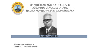 UNIVERSIDAD ANDINA DEL CUSCO
FACULTAD DE CIENCIAS DE LA SALUD
ESCUELA PROFESIONAL DE MEDICINA HUMANA
RAMACHANDRAN
- ASIGNATURA : Bioquímica
- DOCENTE : Ricardo Sánchez
 