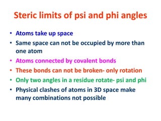Steric limits of psi and phi angles
• Atoms take up space
• Same space can not be occupied by more than
one atom
• Atoms connected by covalent bonds
• These bonds can not be broken- only rotation
• Only two angles in a residue rotate- psi and phi
• Physical clashes of atoms in 3D space make
many combinations not possible
 