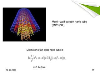 Multi –wall carbon nano tube
(MWCNT)
Diameter of an ideal nano tube is
a=0.246nm
10-09-2015 17
 
