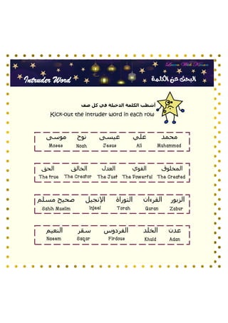 Intruder Word ‫الكلمة‬ ‫عن‬ ‫البحث‬
‫موسى‬ ‫نوح‬ ‫عيسى‬ ‫علي‬ ‫محمد‬
‫المخلوق‬
‫القوي‬
‫العدل‬
‫الخالق‬
‫الحق‬
‫النعيم‬ ‫سقر‬ ‫الفردوس‬ ‫الخلد‬ ‫عدن‬
‫مسلم‬ ‫صحيح‬ ‫اإلنجيل‬ ‫التوراة‬ ‫القرءان‬ ‫الزبور‬
Muhammad
Ali
Jesus
Noah
Moses
The Created
The Creator The Just The Powerful
The true
Zabur
Quran
Torah
Injeel
Sahih Muslim
Adan
Khuld
Firdous
Saqar
Naeem
‫صف‬ ‫كل‬ ‫في‬ ‫الدخيلة‬ ‫الكلمة‬ ‫أشطب‬
Kick-out the intruder word in each row
 