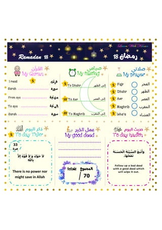 َّ‫ال‬ِ‫إ‬ َ‫ة‬َّ‫و‬ُ‫ق‬ َ‫ال‬ َ‫و‬ َ‫ل‬‫أ‬‫و‬َ‫ح‬ َ‫ال‬
ِ َّ
‫اّلل‬ِ‫ب‬
‫الفجر‬
‫الظهر‬
‫العصر‬
‫المغرب‬
‫العشاء‬
My prayer
My fasting
My Quran
To day hadith
‫سورة‬
To Asr
Fajr
Dhuhr
Asr
Maghrib
Isha’a
‫آية‬ ‫من‬
‫آية‬ ‫إلى‬
Surah
From aya
To aya
‫سورة‬
Surah
My good deed
18
18
Ramadan
‫قرأت‬
I read
5
5
5
5
5
5
5
10
20
‫العصر‬ ‫إلى‬
5
‫المجموع‬
totale
07
To day Thikr
‫رمـضان‬
‫المغرب‬ ‫إلى‬
‫الظهر‬ ‫إلى‬
To Dhuhr
To Maghrib
33
‫مرة‬
There is no power nor
might save in Allah
َ‫ة‬َ‫ن‬ َ
‫س‬َ‫ح‬‫أ‬‫ال‬ َ‫ة‬َ‫ئ‬ِ‫ي‬ َّ
‫الس‬ ‫أ‬‫ع‬ِ‫ب‬‫أ‬‫ت‬َ‫وأ‬
.‫ا‬َ‫ه‬ُ‫ح‬‫أ‬‫م‬َ‫ت‬
Follow up a bad deed
with a good deed which
will wipe it out.
 