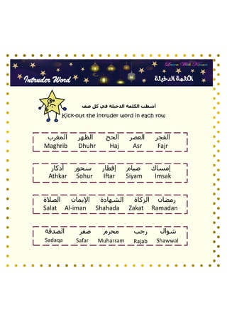 Intruder Word ‫الدخيلة‬ ‫الكلمة‬
‫المغرب‬ ‫الظهر‬ ‫الحج‬ ‫العصر‬ ‫الفجر‬
‫أذكار‬ ‫سحور‬ ‫إفطار‬ ‫صيام‬ ‫إمساك‬
‫الصالة‬ ‫اإليمان‬ ‫الشهادة‬ ‫الزكاة‬ ‫رمضان‬
‫صف‬ ‫كل‬ ‫في‬ ‫الدخيلة‬ ‫الكلمة‬ ‫أشطب‬
Maghrib Dhuhr Haj Asr Fajr
Athkar Sohur Iftar Siyam Imsak
Salat Al-iman Shahada Zakat Ramadan
‫الصدقة‬ ‫صفر‬ ‫محرم‬ ‫رجب‬ ‫شوال‬
Rajab
Safar
Sadaqa Shawwal
Muharram
Kick-out the intruder word in each row
 
