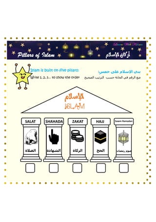 Pillars of Islam ‫اإلسالم‬ ‫أركان‬
‫خمس‬ ‫على‬ ‫اإلسالم‬ ‫بني‬
:
‫الصحيح‬ ‫الترتيب‬ ‫حسب‬ ‫الخانة‬ ‫في‬ ‫الرقم‬ ‫ضع‬
‫اإلسالم‬
ISLAM
SHAHADA
SALAT ZAKAT HAJJ Sawm Ramadan
‫الصالة‬ ‫الزكاة‬ ‫الحج‬ ‫رمضان‬ ‫صوم‬
‫الشهادة‬
Islam is built on five pillars:
Write 1, 2, 3... to show the order
 