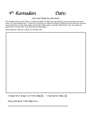 9th Ramadan                                                Date:
                                 Narrated 'Ubada bin As-Samit:
The Prophet came out to inform us about the Night of Qadr but two Muslims were quarreling with each
other. So, the Prophet said, "I came out to inform you about the Night of Qadr but such-and-such persons
were quarreling, so the news about it had been taken away; yet that might be for your own good, so
search for it on the 29th, 27th and 25th (of Ramadan).
Sahih Bukhair, Volume 3, Book 32, Number 240




   I prayed all 5 prayers on time today             I read Quran today

   Some good deeds I did today were...
 