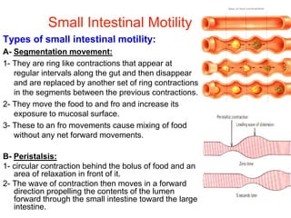 Small Intestinal Motility
Types of small intestinal motility:
A- Segmentation movement:
1- They are ring like contractions that appear at
regular intervals along the gut and then disappear
and are replaced by another set of ring contractions
in the segments between the previous contractions.
2- They move the food to and fro and increase its
exposure to mucosal surface.
3- These to an fro movements cause mixing of food
without any net forward movements.
B- Peristalsis:
1- circular contraction behind the bolus of food and an
area of relaxation in front of it.
2- The wave of contraction then moves in a forward
direction propelling the contents of the lumen
forward through the small intestine toward the large
intestine.
 