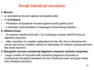 53
Small Intestinal secretion
1- Mucus:
• a- secreted by bruners glands and goblet cells.
• b- Functions:
• - Protection of duodenal mucosa against acidic gastric juice .
• - Lubrication and facilitation of passage of food along intestine .
2- Alkaline fluid:
• - An isotonic alkaline fluid (ph 7.5) containing mainaly NaHCO3 but no
digestive enzymes .
• - After secretion it is rapidly reabsorbed by the villi, thus it dissolves the
chime and act as a watery vehicle for absorption of various substances from
the small intestine.
3- Sloughed mucosa containing digestive enzymes (cellular enzymes):
• Large number of mucosal cells (cotaining digestive enzymes) is
continuously sloughed (sheded) into the intestinal lumen and gets mixed
with intestinal secretion.
 
