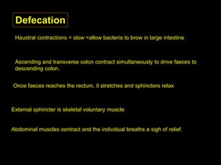 Defecation
Haustral contractions = slow =allow bacteria to brow in large intestine
Ascending and transverse colon contract simultaneously to drive faeces to
descending colon.
Once faeces reaches the rectum, it stretches and sphincters relax
External sphincter is skeletal voluntary muscle
Abdominal muscles contract and the individual breaths a sigh of relief.
 