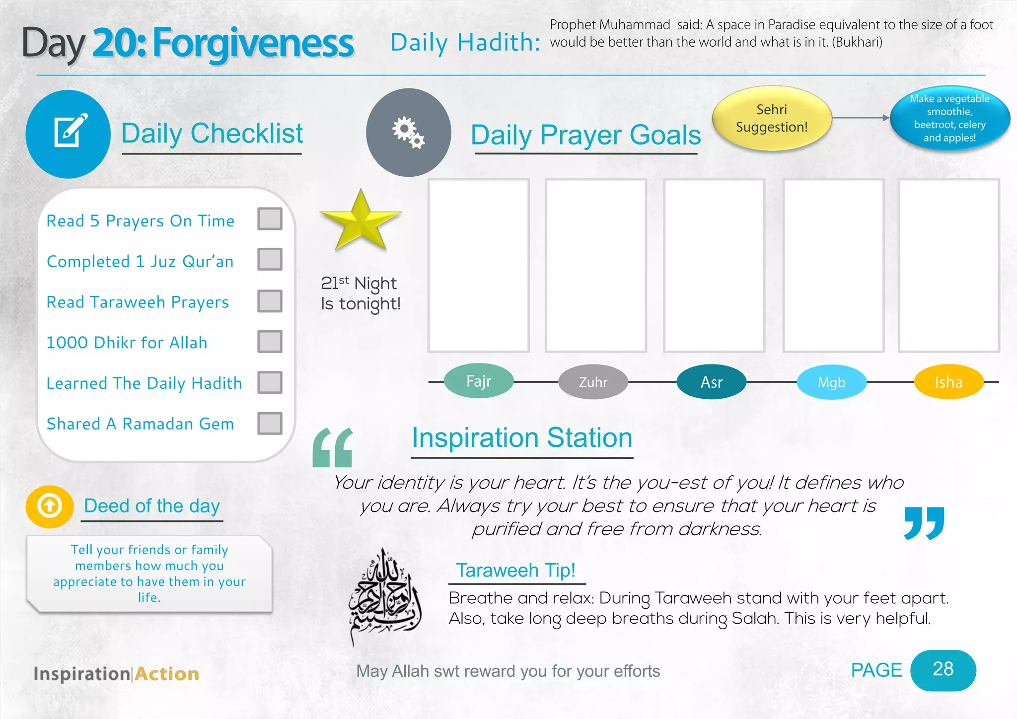 PAGEMay Allah swt reward you for your efforts
Day20:Forgiveness
Daily Checklist
Deed of the day
Daily Prayer GoalsV
28
Daily Hadith:
Prophet Muhammad said: A space in Paradise equivalent to the size of a foot
would be better than the world and what is in it. (Bukhari)
Read 5 Prayers On Time
Completed 1 Juz Qur’an
Read Taraweeh Prayers
1000 Dhikr for Allah
Learned The Daily Hadith
Shared A Ramadan Gem

Tell your friends or family
members how much you
appreciate to have them in your
life.
Fajr Zuhr Asr Mgb Isha
Ñ
Sehri
Suggestion!
Make a vegetable
smoothie,
beetroot, celery
and apples!
Inspiration Station
Your identity is your heart. It’s the you-est of you! It defines who
you are. Always try your best to ensure that your heart is
purified and free from darkness.
Taraweeh Tip!
Breathe and relax: During Taraweeh stand with your feet apart.
Also, take long deep breaths during Salah. This is very helpful.
21st Night
Is tonight!
 